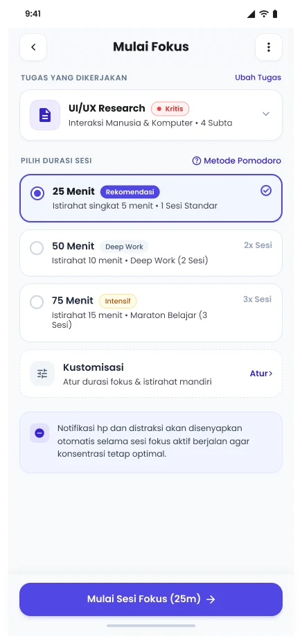 Layar pilih durasi Mode Fokus