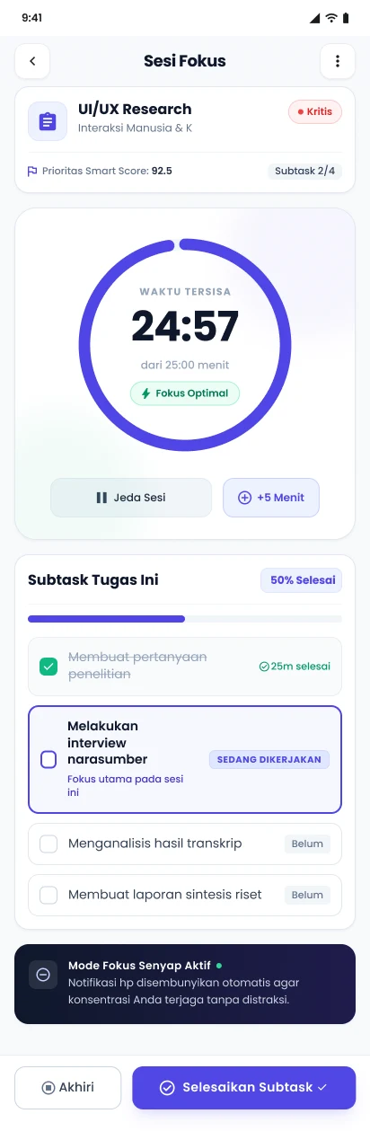 Layar Sesi Mode Fokus dengan timer Pomodoro