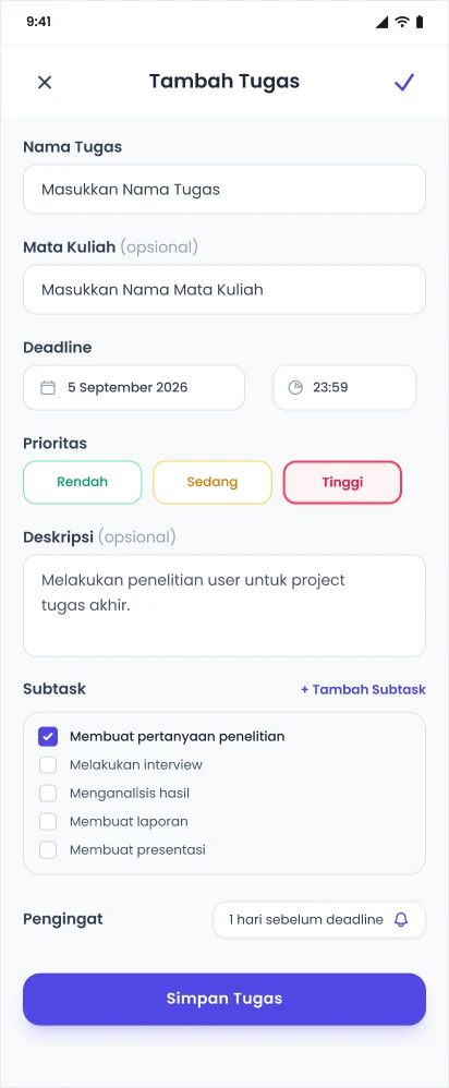 Layar Tambah Tugas dengan deadline, prioritas, dan subtask